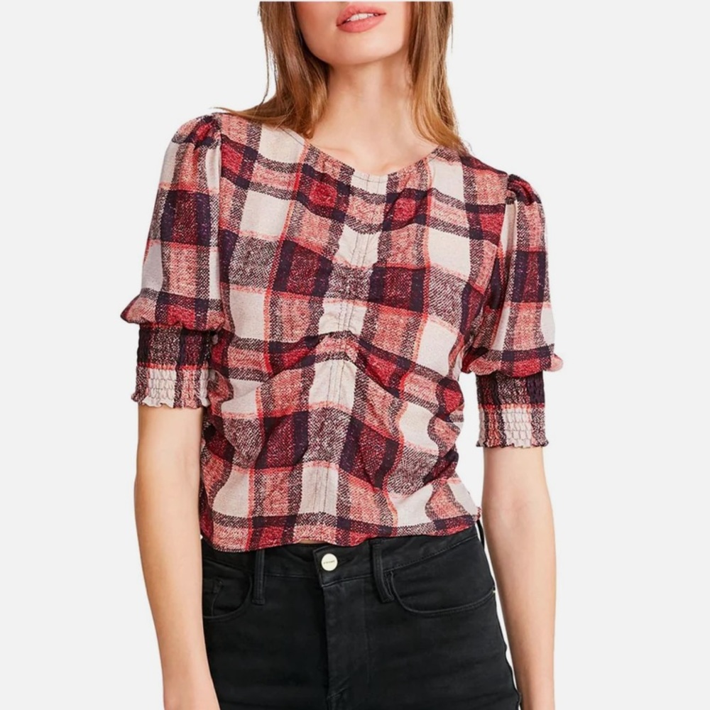 BB Dakota by Steve Madden Red Plaid L Smocked Blouse NWT